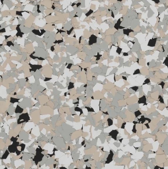 Cabin Fever flake blend — warm gray, tan, black and white vinyl chips