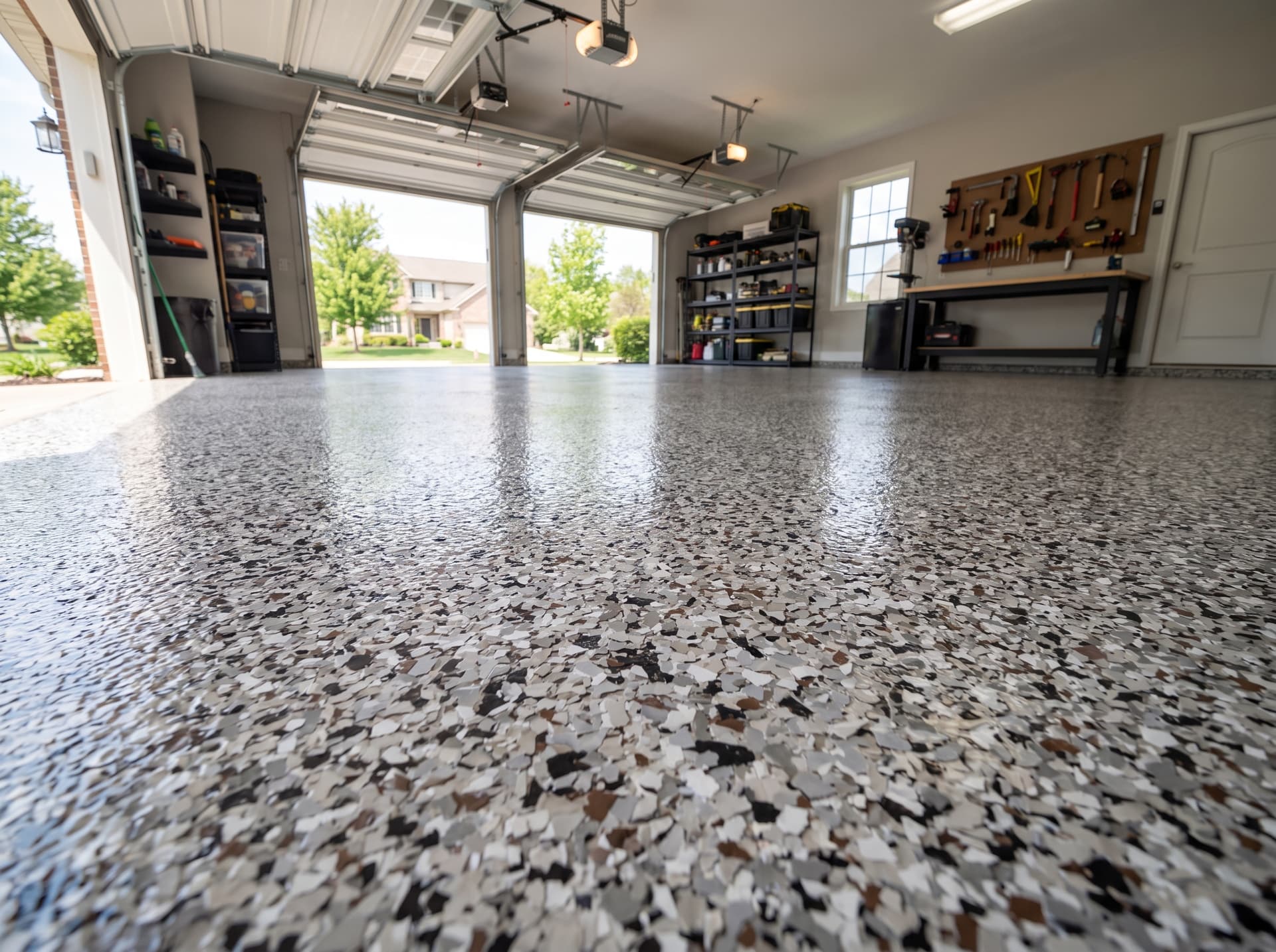 Flake epoxy garage floor installed by Diamond Finish near Cedar Rapids, Iowa